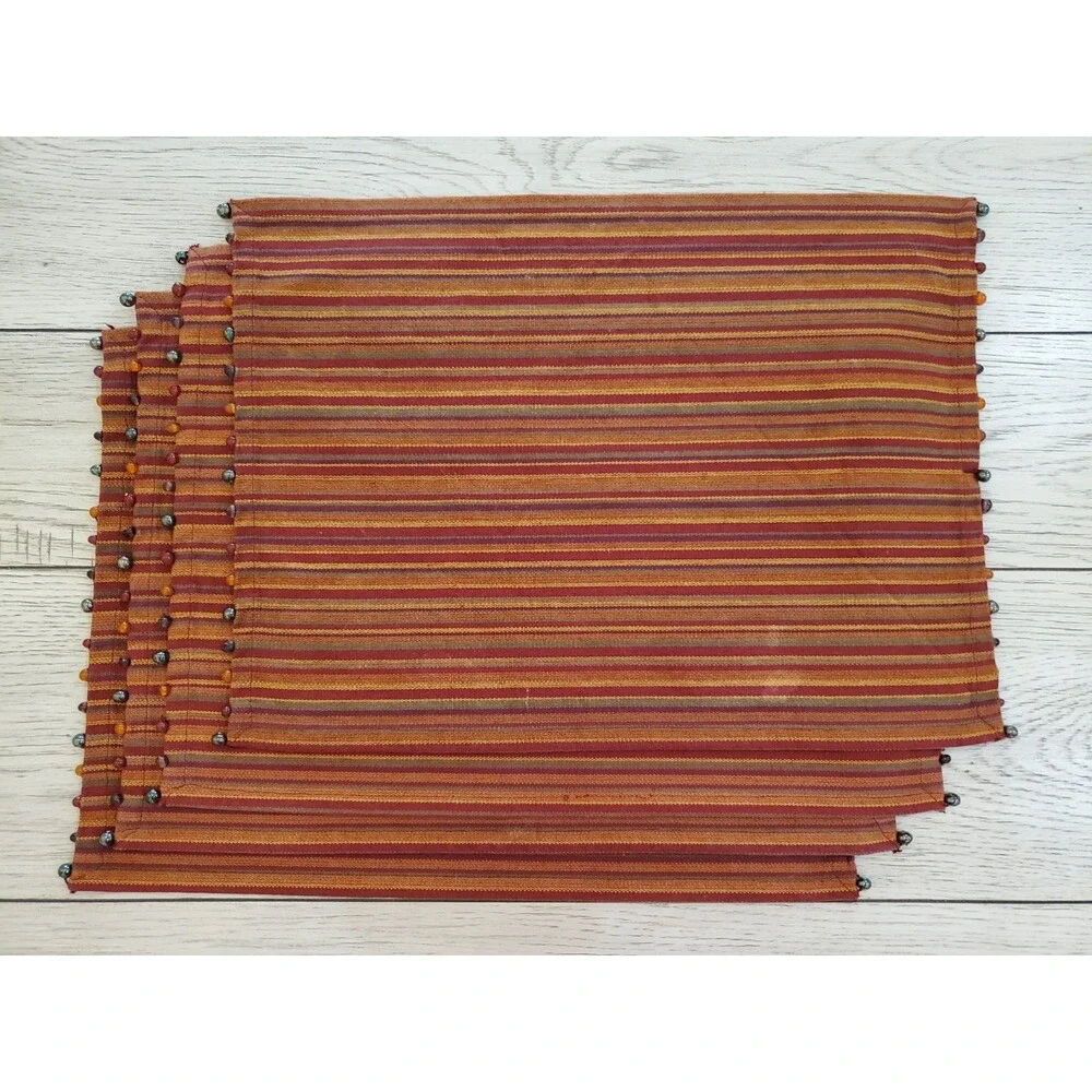 Pier 1 Imports Cotton Spicy Stripe Beaded Placemats Set of 4 Good Used Condition